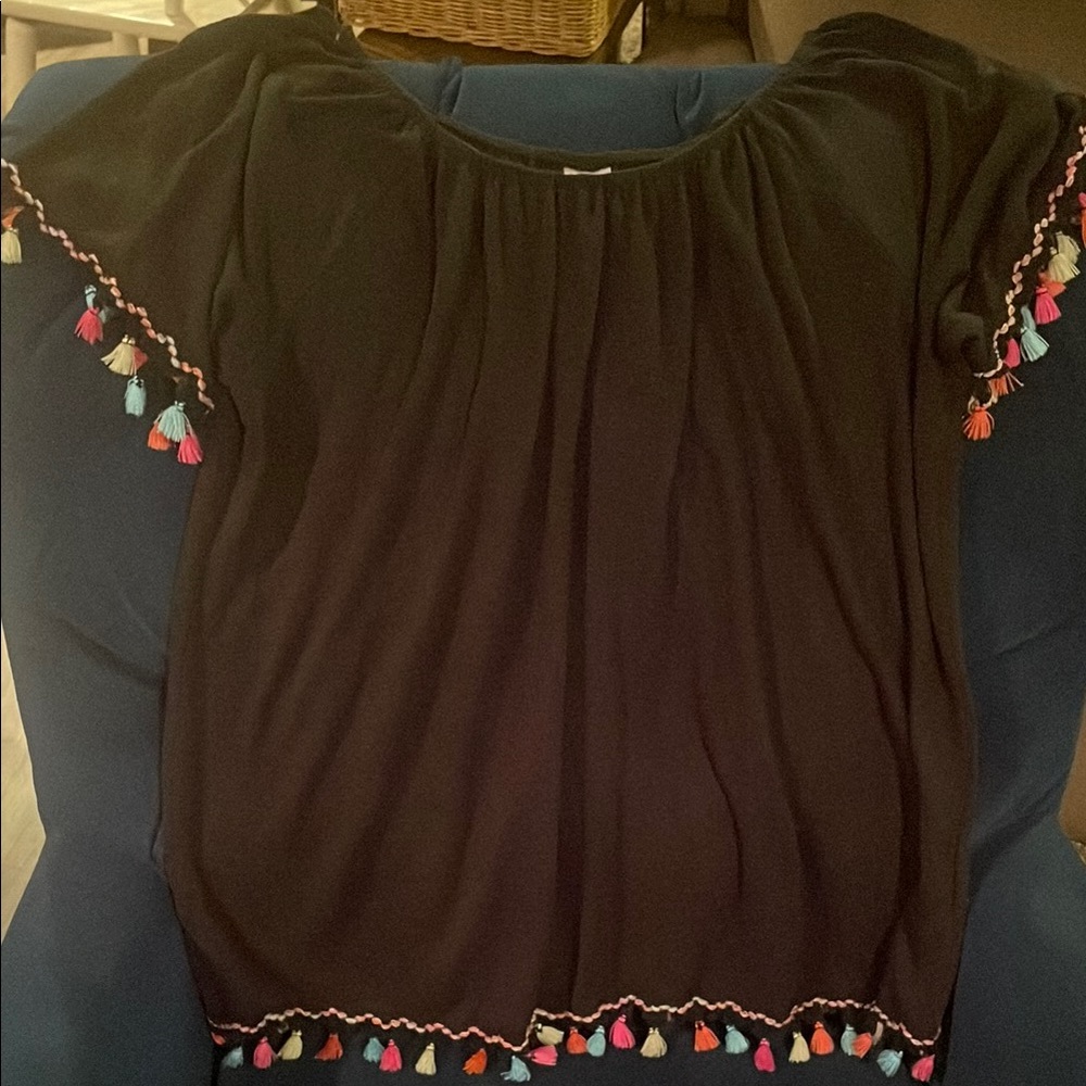 Trendy Black Blouse with Multicolor Tassels